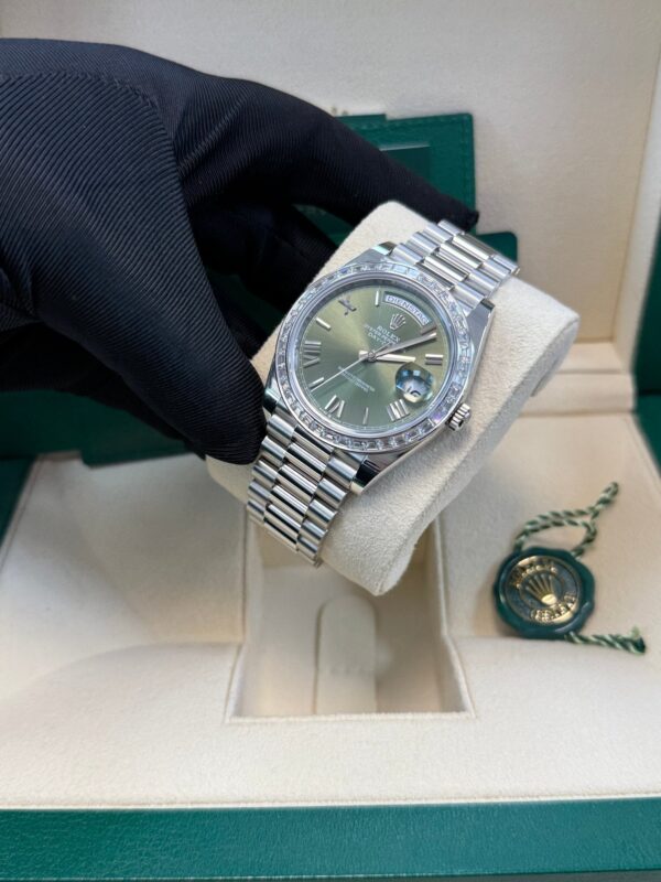 Rolex Day-Date 40 Baguette Diamond Bezel Olive Green Roman Dial President Bracelet 228396TBR German Day Wheel - Image 15