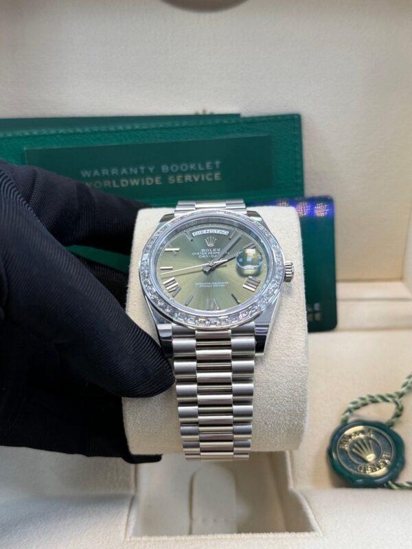 Rolex Day-Date 40 Baguette Diamond Bezel Olive Green Roman Dial President Bracelet 228396TBR German Day Wheel - Image 2