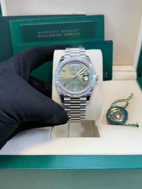 Rolex Day-Date 40 Baguette Diamond Bezel Olive Green Roman Dial President Bracelet 228396TBR German Day Wheel - Image 6