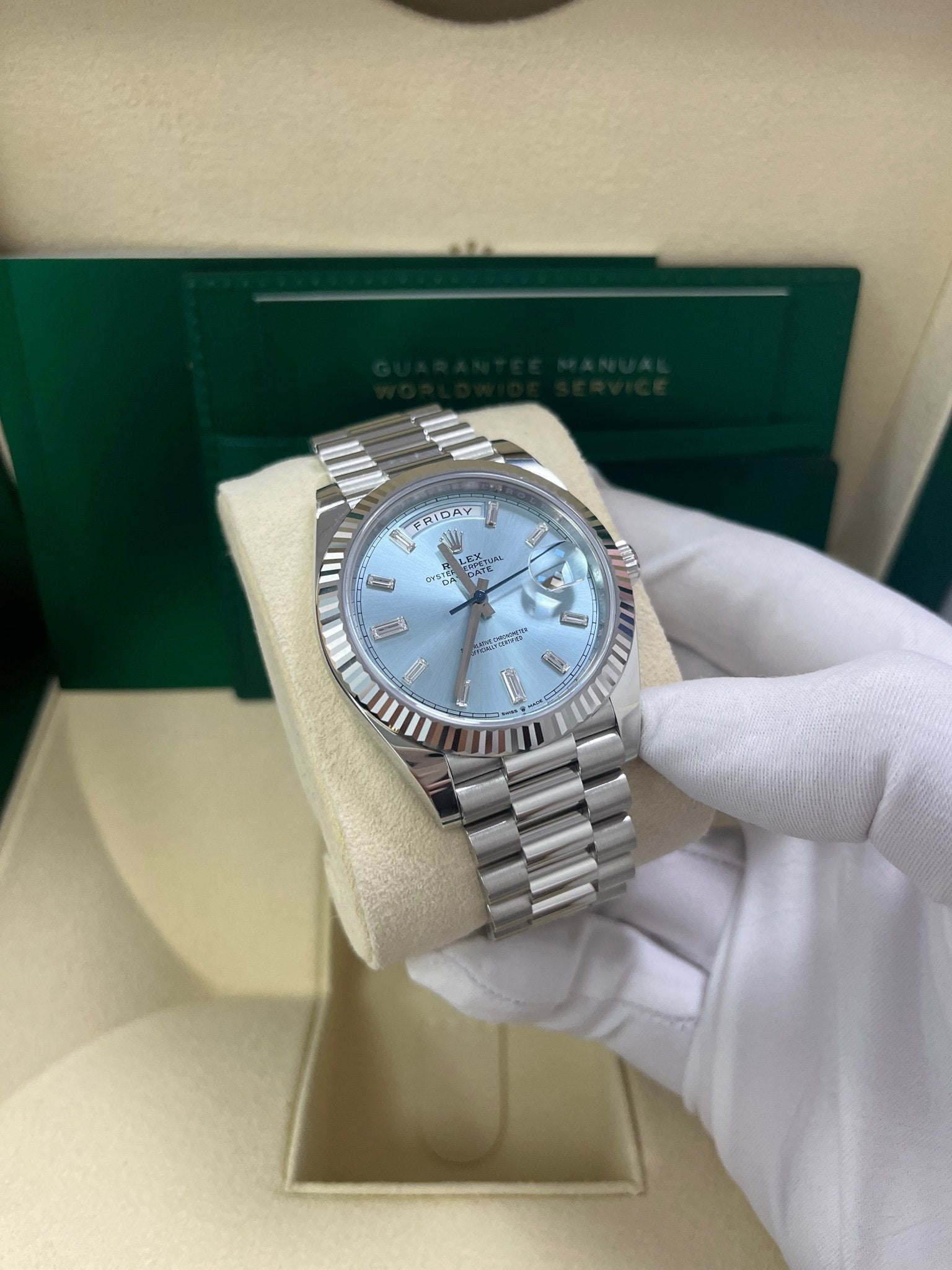 Rolex Day-Date 40 Platinum Day-Date 40 Watch - Fluted Bezel - Ice Blue Baguette Dial 228236 - Image 11