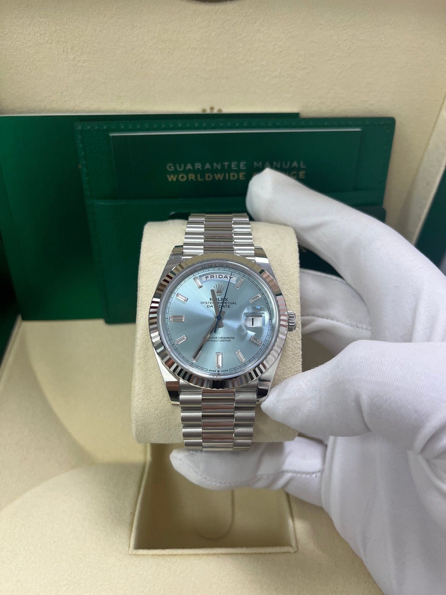 Rolex Day-Date 40 Platinum Day-Date 40 Watch - Fluted Bezel - Ice Blue Baguette Dial 228236 - Image 6