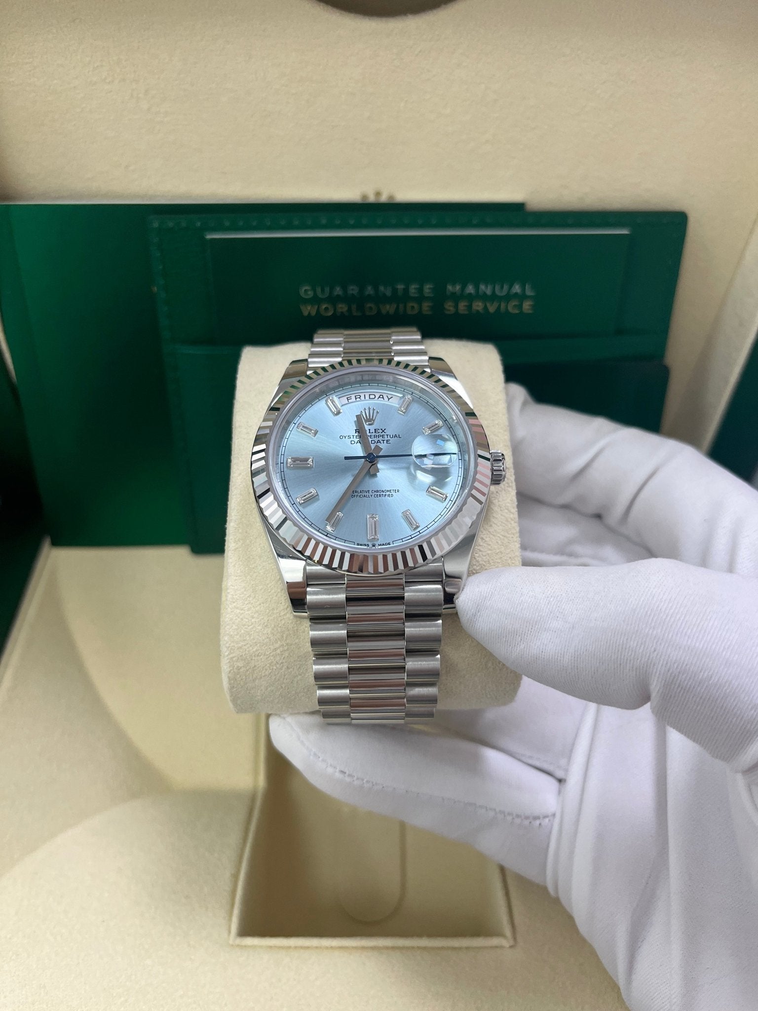 Rolex Day-Date 40 Platinum Day-Date 40 Watch - Fluted Bezel - Ice Blue Baguette Dial 228236 - Image 10