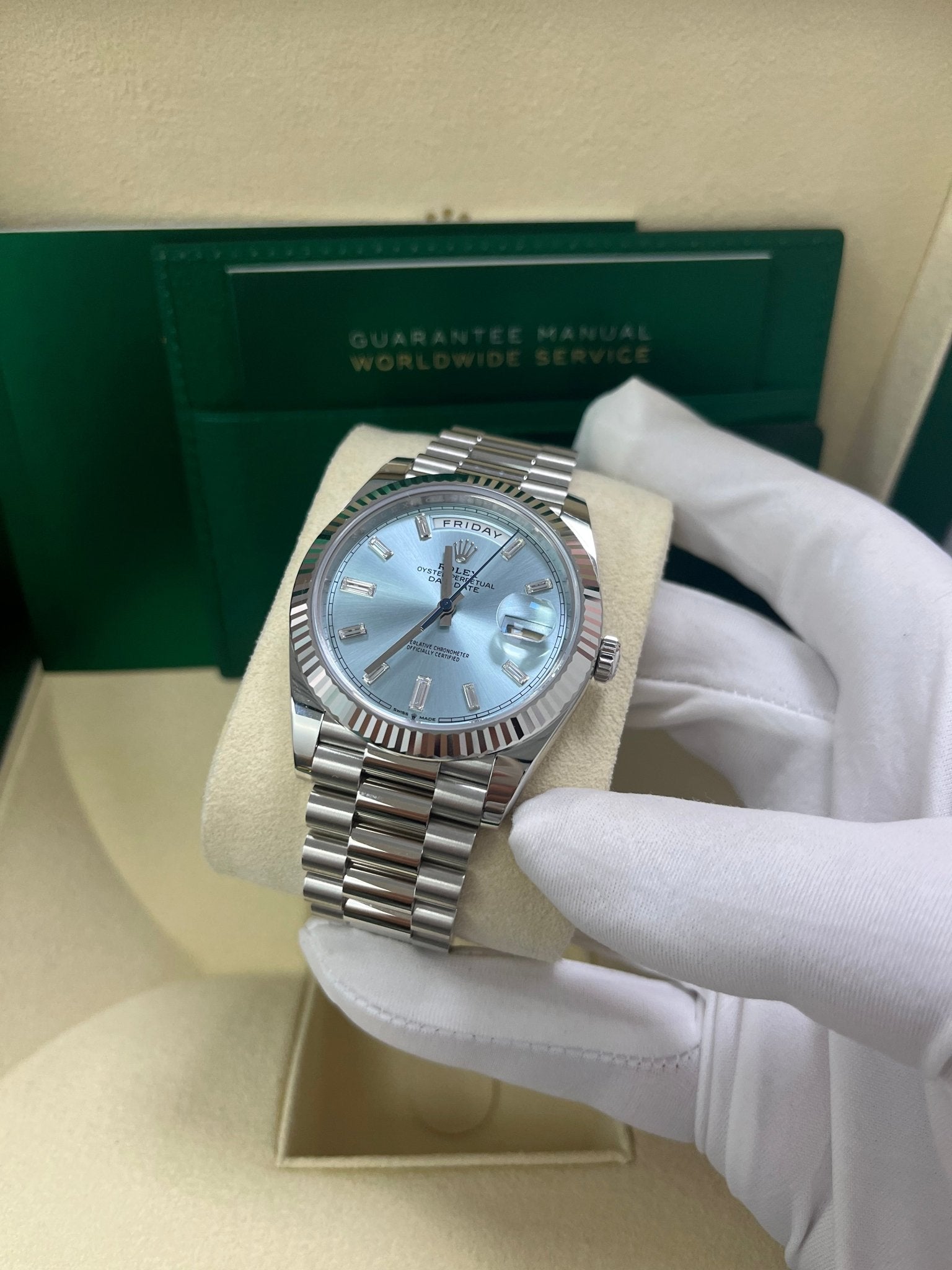 Rolex Day-Date 40 Platinum Day-Date 40 Watch - Fluted Bezel - Ice Blue Baguette Dial 228236 - Image 2