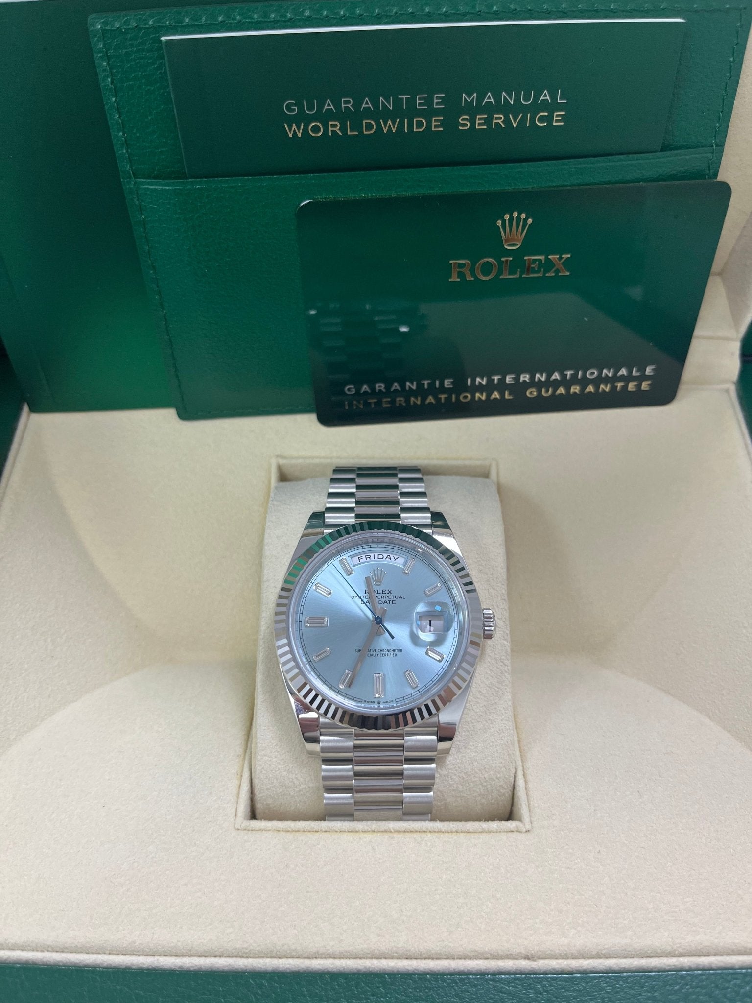 Rolex Day-Date 40 Platinum Day-Date 40 Watch - Fluted Bezel - Ice Blue Baguette Dial 228236 - Image 5