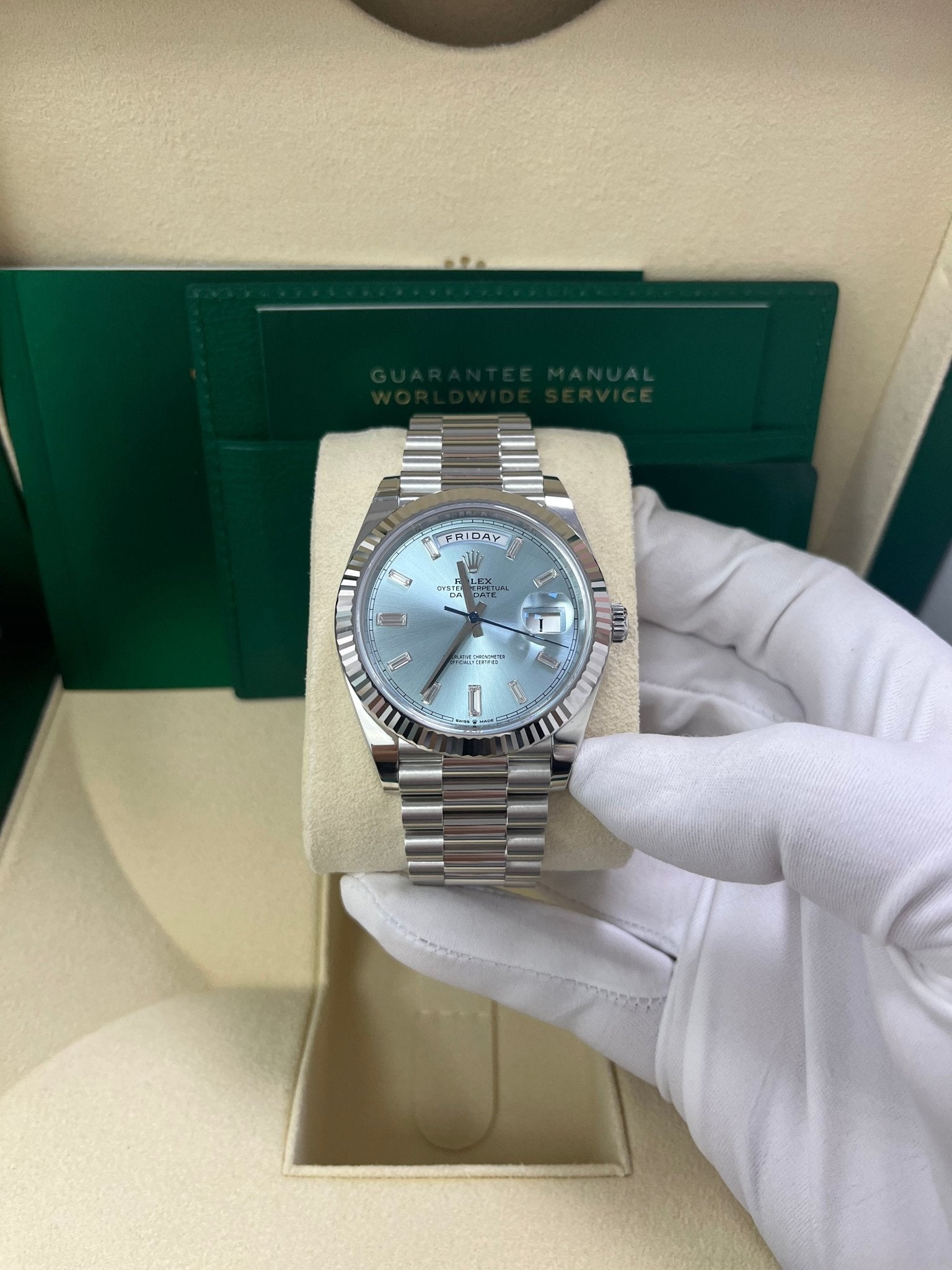 Rolex Day-Date 40 Platinum Day-Date 40 Watch - Fluted Bezel - Ice Blue Baguette Dial 228236 - Image 3