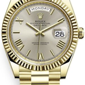 Rolex Day-Date 40 Yellow Gold Silver Roman Dial Fluted Bezel (Ref # 228238)