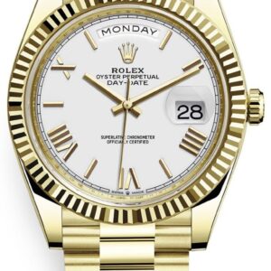 Rolex Day-Date 40 Yellow Gold White Roman Dial Fluted Bezel (Ref# 228238)