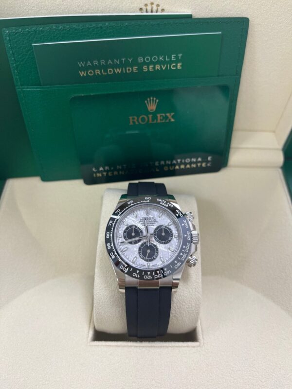 Rolex Daytona White Gold Daytona 40 Watch - Meteroite and Black Index Dial - Black Oysterflex 116519LN - Image 3