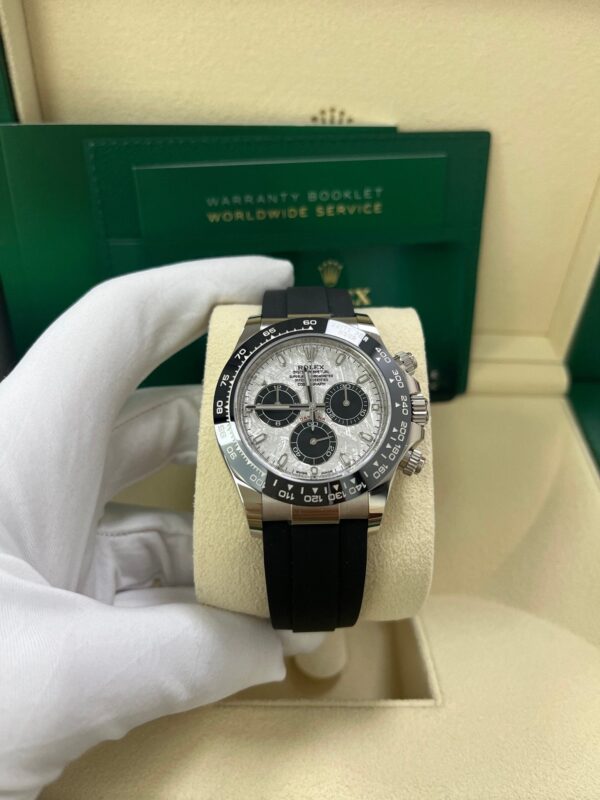 Rolex Daytona White Gold Daytona 40 Watch - Meteroite and Black Index Dial - Black Oysterflex 116519LN - Image 9