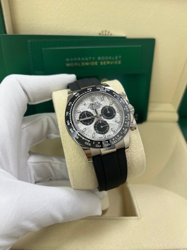 Rolex Daytona White Gold Daytona 40 Watch - Meteroite and Black Index Dial - Black Oysterflex 116519LN - Image 8