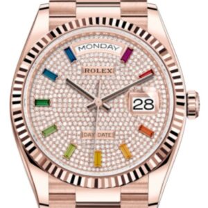 Rolex Everose Gold Day Date 36 Watch Fluted Bezel Diamond Paved Rainbow Sapphire Dial(Ref# 128235)