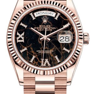 Rolex Everose Gold Day-Date 36 Watch - Fluted Bezel - Eisenkiesel Diamond Dial - President Bracelet (Ref # 128235)