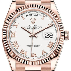 Rolex Everose Gold Day-Date 36 Watch - Fluted Bezel - White Roman Dial - President Bracelet Ref# 128235