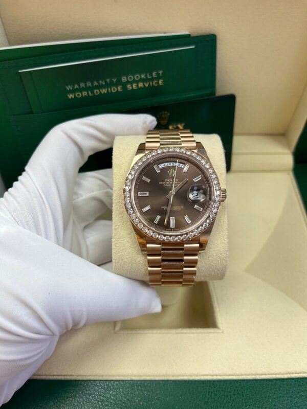 Rolex Everose Gold Day-Date 40 Watch - Everose Gold Bezel - Chocolate Baguette Diamond Dial - President Bracelet (REF#228345RBR) - Image 15