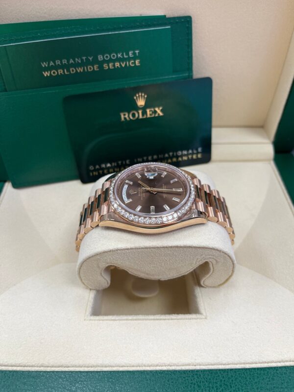Rolex Everose Gold Day-Date 40 Watch - Everose Gold Bezel - Chocolate Baguette Diamond Dial - President Bracelet (REF#228345RBR) - Image 13