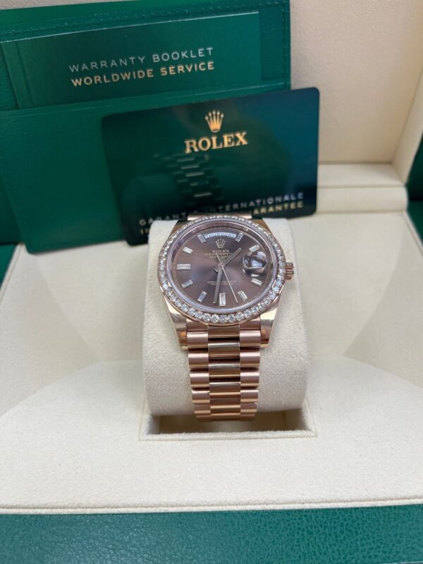 Rolex Everose Gold Day-Date 40 Watch - Everose Gold Bezel - Chocolate Baguette Diamond Dial - President Bracelet (REF#228345RBR) - Image 12