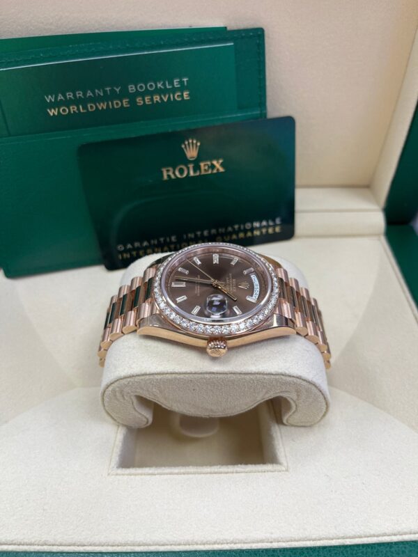 Rolex Everose Gold Day-Date 40 Watch - Everose Gold Bezel - Chocolate Baguette Diamond Dial - President Bracelet (REF#228345RBR) - Image 17