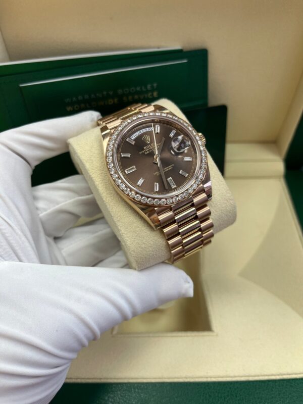 Rolex Everose Gold Day-Date 40 Watch - Everose Gold Bezel - Chocolate Baguette Diamond Dial - President Bracelet (REF#228345RBR) - Image 14