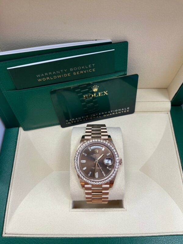 Rolex Everose Gold Day-Date 40 Watch - Everose Gold Bezel - Chocolate Baguette Diamond Dial - President Bracelet (REF#228345RBR) - Image 11
