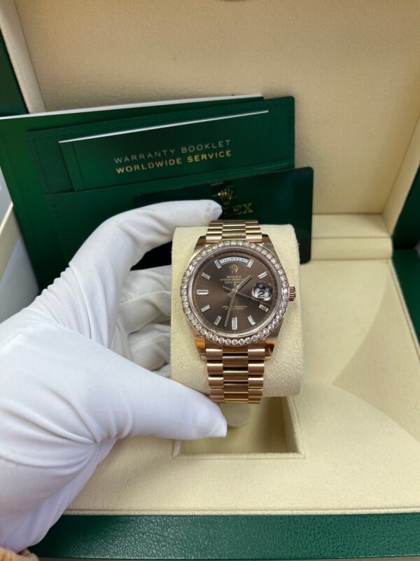 Rolex Everose Gold Day-Date 40 Watch - Everose Gold Bezel - Chocolate Baguette Diamond Dial - President Bracelet (REF#228345RBR) - Image 4