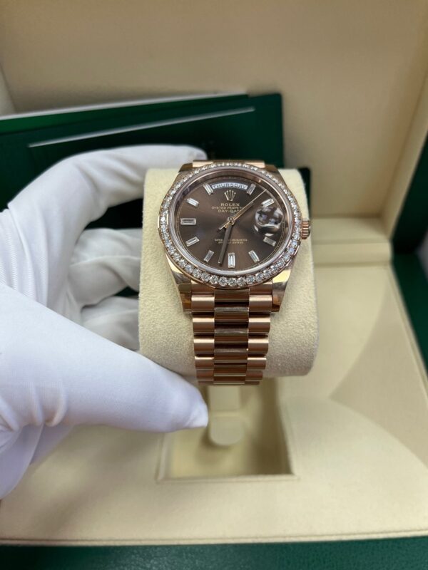Rolex Everose Gold Day-Date 40 Watch - Everose Gold Bezel - Chocolate Baguette Diamond Dial - President Bracelet (REF#228345RBR) - Image 2