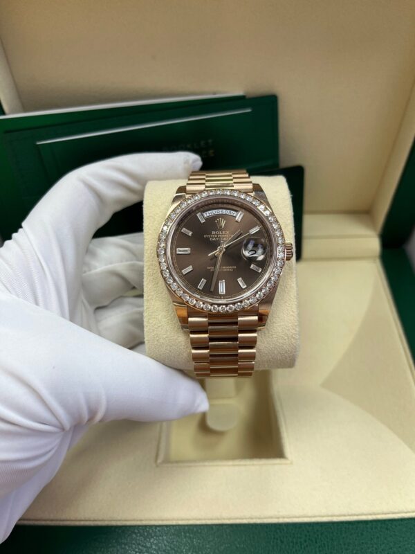 Rolex Everose Gold Day-Date 40 Watch - Everose Gold Bezel - Chocolate Baguette Diamond Dial - President Bracelet (REF#228345RBR) - Image 3