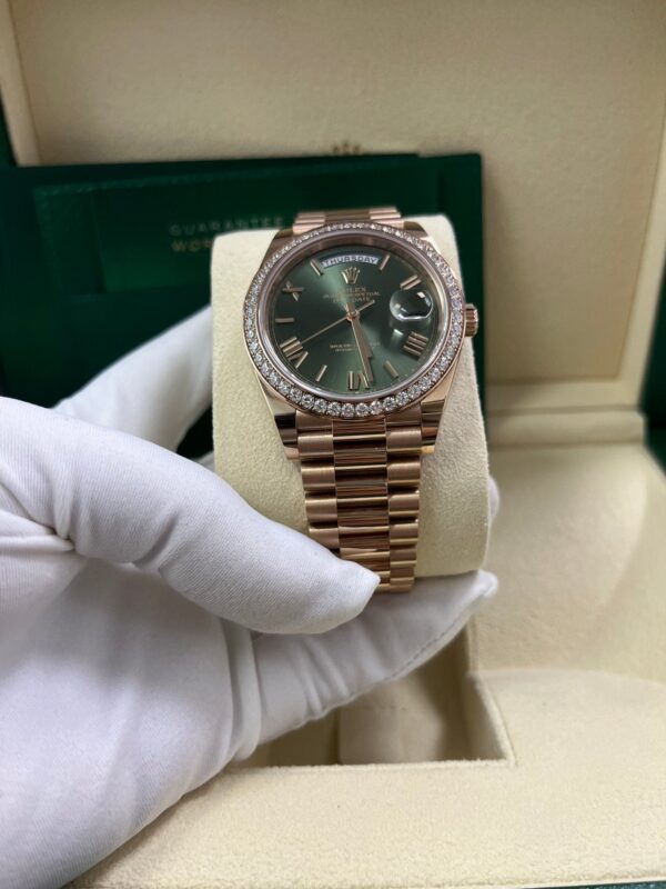 Rolex Everose Gold Day-Date 40 Watch - Everose Gold Bezel - Olive Green Bevelled Roman Dial - President Bracelet (Ref# 228345RBR) - Image 9