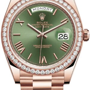 Rolex Everose Gold Day-Date 40 Watch - Everose Gold Bezel - Olive Green Bevelled Roman Dial - President Bracelet (Ref# 228345RBR)