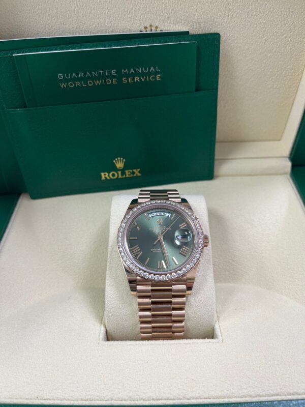 Rolex Everose Gold Day-Date 40 Watch - Everose Gold Bezel - Olive Green Bevelled Roman Dial - President Bracelet (Ref# 228345RBR) - Image 3
