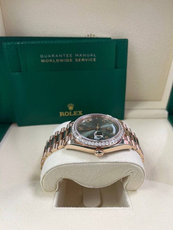 Rolex Everose Gold Day-Date 40 Watch - Everose Gold Bezel - Olive Green Bevelled Roman Dial - President Bracelet (Ref# 228345RBR) - Image 7