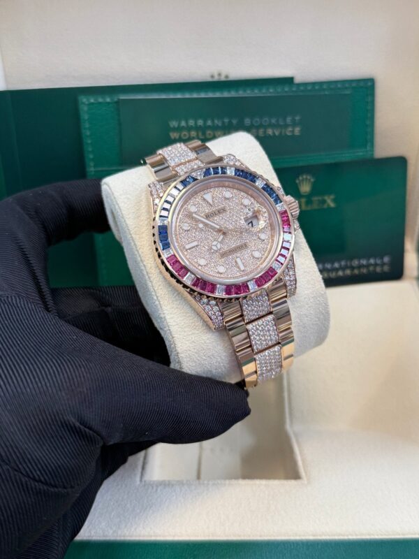 Rolex GMT-Master II Everose Gold/ Full Diamond Paved Dial/ Bracelet Sapphire & Ruby (Ref# 126755SARU) - Image 11