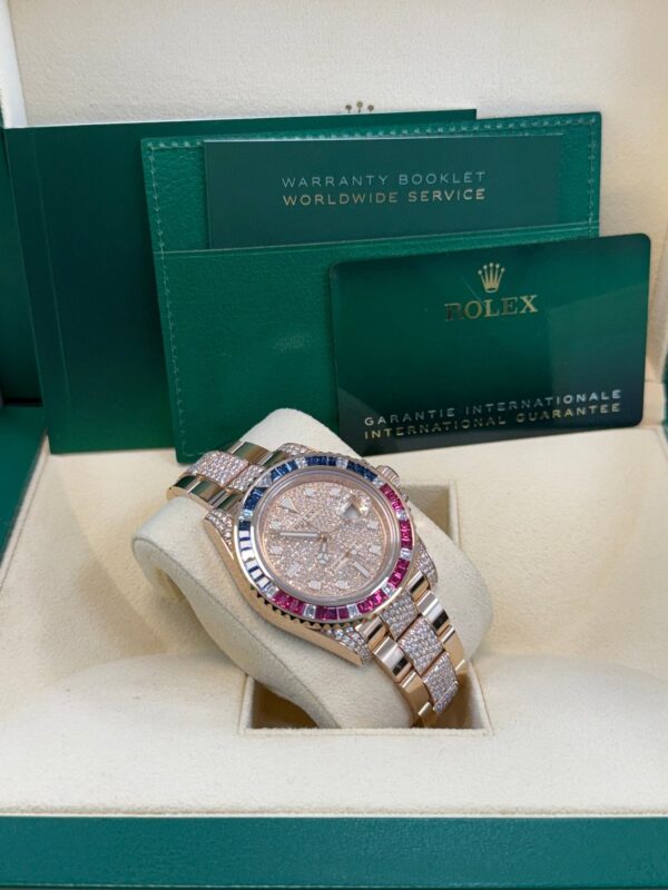 Rolex GMT-Master II Everose Gold/ Full Diamond Paved Dial/ Bracelet Sapphire & Ruby (Ref# 126755SARU) - Image 13
