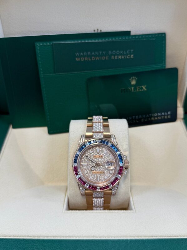 Rolex GMT-Master II Everose Gold/ Full Diamond Paved Dial/ Bracelet Sapphire & Ruby (Ref# 126755SARU) - Image 6