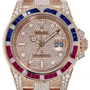 Rolex GMT-Master II Everose Gold/ Full Diamond Paved Dial/ Bracelet Sapphire & Ruby (Ref# 126755SARU)