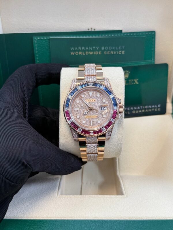 Rolex GMT-Master II Everose Gold/ Full Diamond Paved Dial/ Bracelet Sapphire & Ruby (Ref# 126755SARU) - Image 12