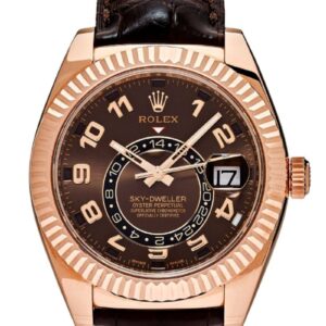 Rolex Sky-Dweller 18k Rose Gold Chocolate Arabic Dial Leather Band 326135