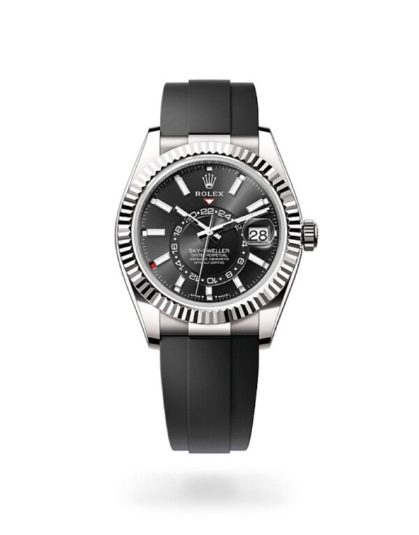 Rolex Sky-Dweller White Gold Fluted Bezel Black Index Dial Oysterflex Strap 336239