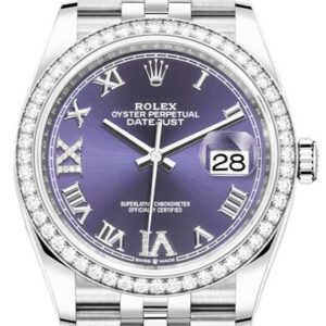 Rolex Steel Datejust 36 Watch - Diamond Bezel - Aubergine Purple Diamond Roman VI and IX Dial - Jubilee Bracelet (Reference #126284rbr)