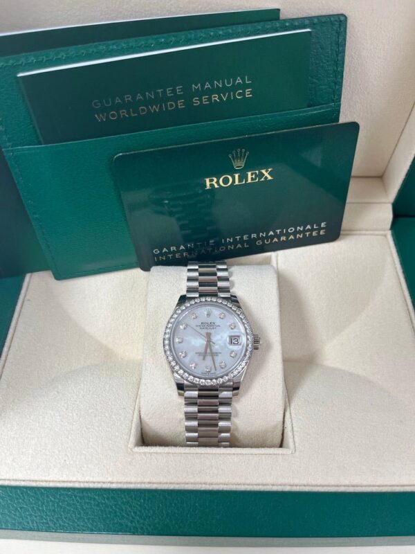 Rolex White Gold Datejust 31 Watch - Diamond Bezel - Mother-Of-Pearl Diamond Dial - President Bracelet (Reference #278289rbr) - Image 4