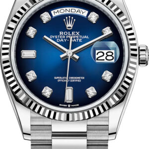 Rolex White Gold Day-Date 36 Watch - Fluted Bezel - Blue Ombre´ Diamond Dial - President Bracelet (Ref # 128239)