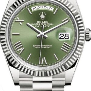 Rolex White Gold Day-Date 40 Watch - Fluted Bezel - Olive Green Bevelled Roman Dial - President Bracelet (Ref# 228239)